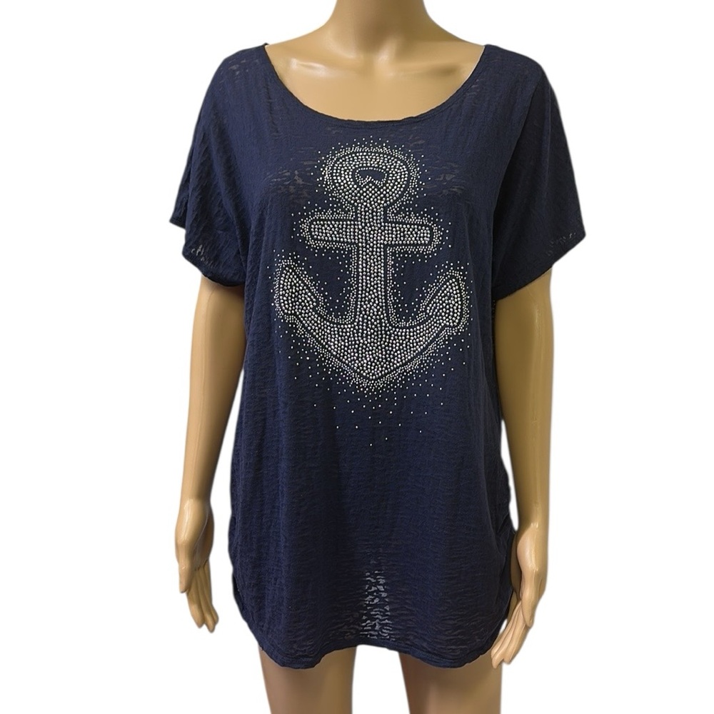 Joei i Navy Anchor Scrunch Side Short Sleeve Semi Sheer Cotton Blend Tee Size XL